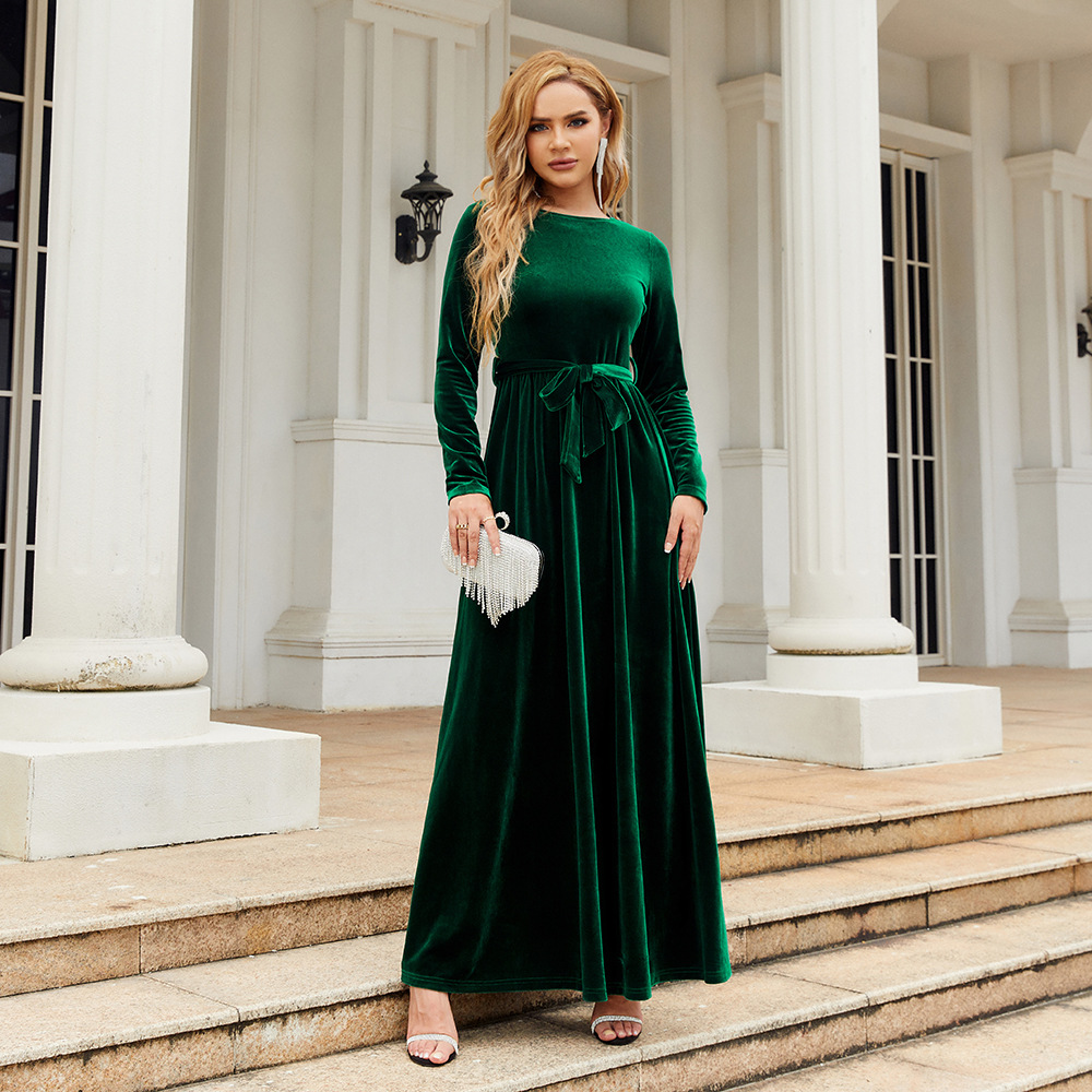Elegant Velvet Maxi Dress - Autumn Winter Long Sleeve Floor Length Evening Gown